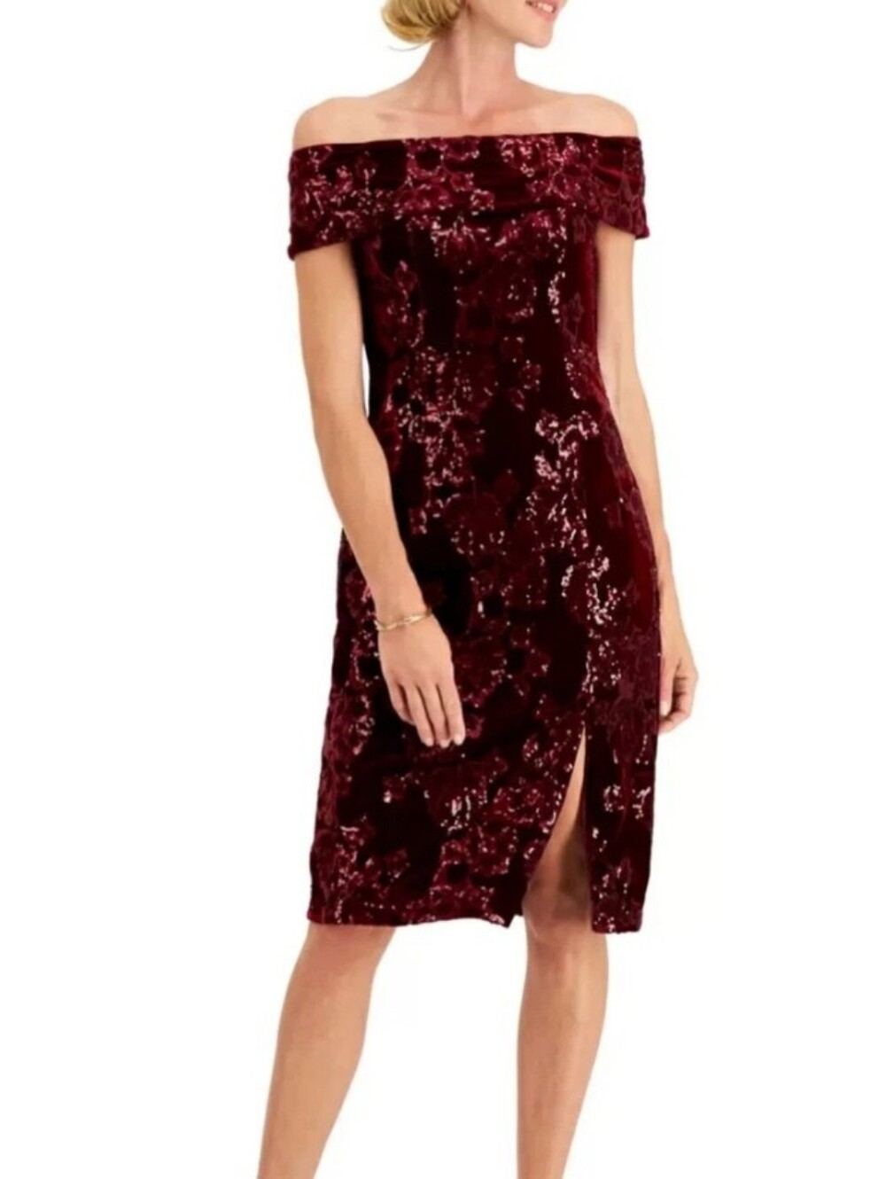 Adrianna Papell Off-Shoulder Velvet Sequin Sheath Dress in Burgundy